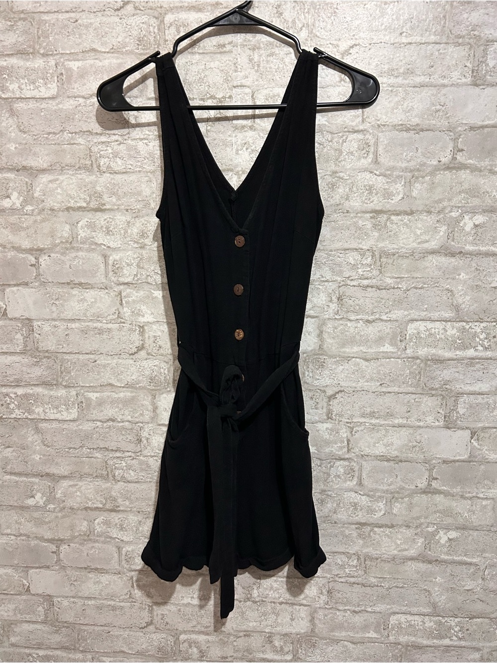 Black Sleeveless Button-Front V-Neck romper with Waist Tie